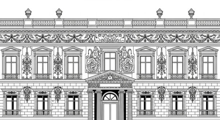 Detailed Architectural Drawing of a Grand Classical Building Facade. © Abu