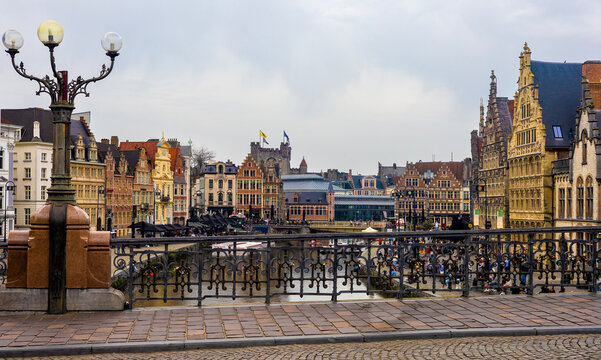 Sint-Michielsbrug (Saint Michael's Bridge) and Leie river canal, historic city centre, Ghent, Belgium