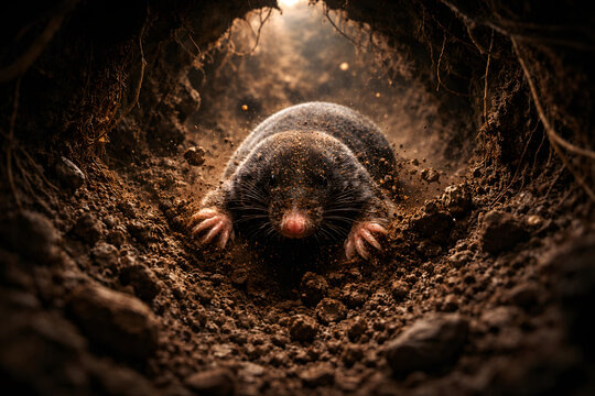 Mole digging through dark underground tunnel, soil particles flying, roots surrounding walls, dramatic low light, ultra detailed textures, immersive cinematic wildlife scene, hyper realistic, 8k
