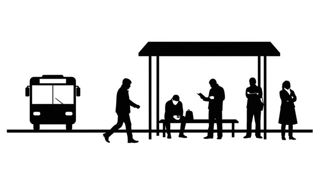 People waiting at a bus stop with a bus nearby.