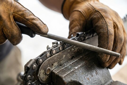Worker wearing thick leather gloves using a round file to manually sharpen the teeth of a chainsaw chain