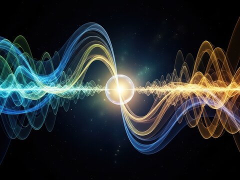 Abstract quantum physics wave background, glowing energy particle with blue and gold light frequencies, scientific data visualization