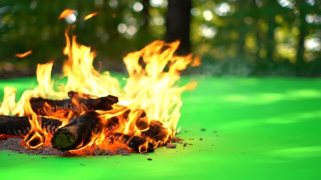 A vibrant fire burns on a pile of logs on a bright green surface with trees in the background
