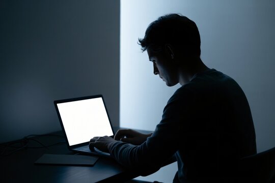 Man working on laptop at night in dark room with computer technology internet concentration