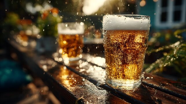Chilled sparkling water and bright lager pint side by side pub drink pictures.