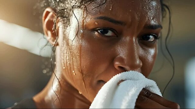 Close up of an exhausted African American woman wiping sweat after an intense gym workout for determination concept and mental toughness