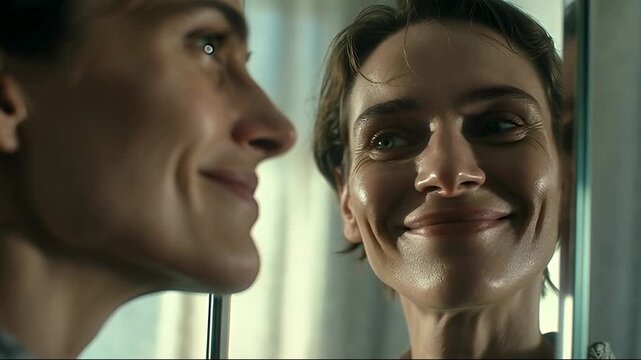 Woman looking at her reflection in a mirror, transforming from a solemn expression to a subtle smile for self-acceptance concept and mental health.