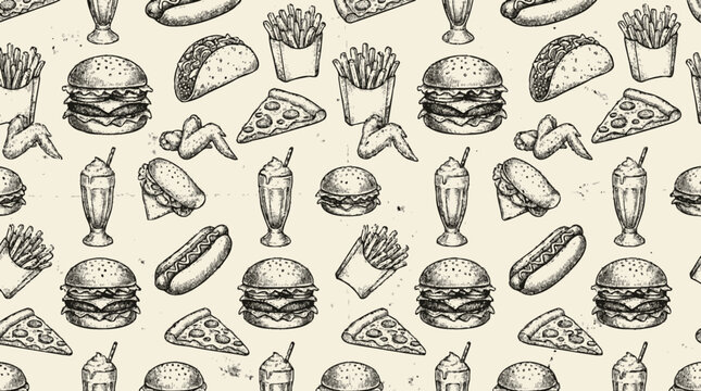 Seamless hand-drawn fast food pattern background featuring classic burgers, crispy fries, tasty pizza slices, and hot dogs in a vintage sketch style, ideal for packaging design or restaurant branding