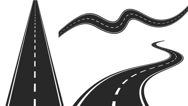 Selection of black asphalt roads including a straight perspective view and two winding highway paths with white markings.