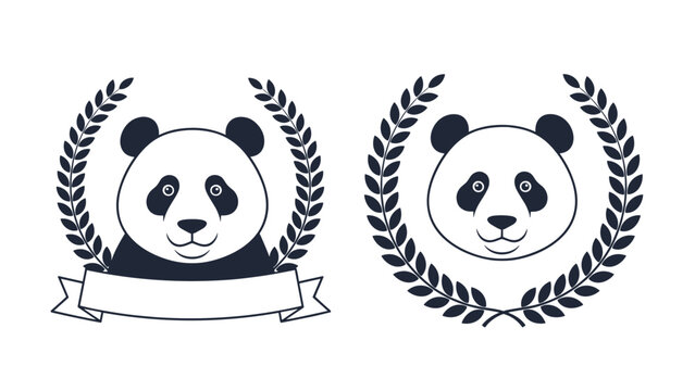 Pair of panda face logo variations framed by laurel wreaths with one featuring a blank ribbon banner below it.