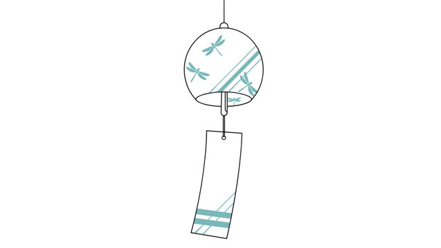 Delicate glass wind chime decorated with a blue dragonfly pattern hanging with a long paper tail at the bottom.