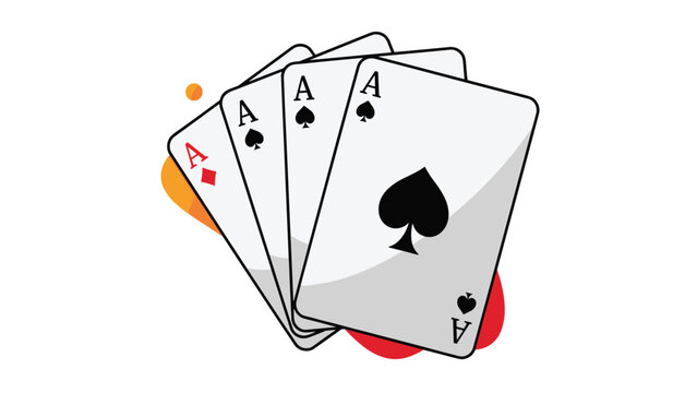 Set of four aces from a deck of playing cards fanned out against a colorful abstract background with shapes.