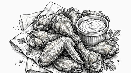 Fototapeta premium Hand-drawn monochrome illustration depicting a tempting platter of crispy chicken wings, complete with a savory dipping sauce, presented on a textured napkin, evoking classic culinary appeal