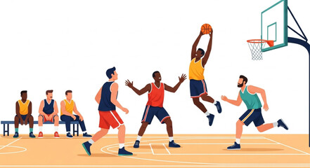 Basketball players in action during a competitive game on an outdoor court. © Pras