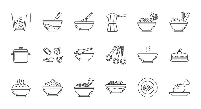 A collection of minimalist line art icons depicting various cooking tools ingredients and prepared dishes