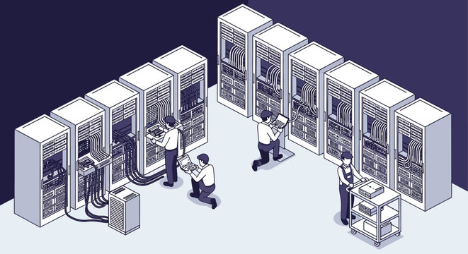 Isometric illustration of people working on large computer servers in a data center setting, highlighting technology and infrastructure