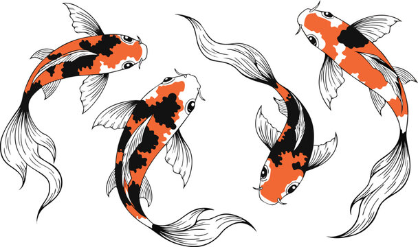 Seamless nature pattern featuring a set of cute red, white, and black goldfish alongside cartoon ladybug and butterfly vectors in a colorful summer illustration