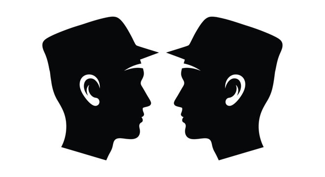 A striking black silhouette depicts two profiles facing each other forming a symmetrical visual