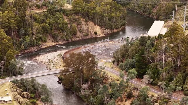 Aerial view over Hydro Tasmania power stations on Nive river by Lyell highway.