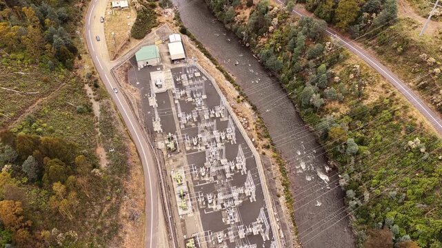 Hydro tasmania power stations on Nive river  - aerial view over transformers and pipes.
