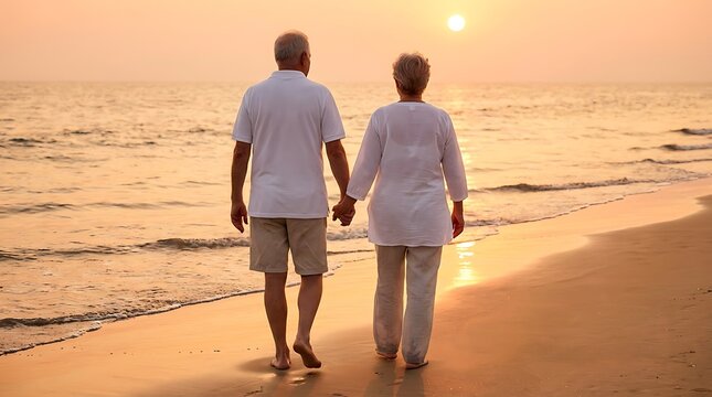 An elderly couple holding hands while walking on the beach during the sunset. The sky is bathed in warm hues of orange and gold.