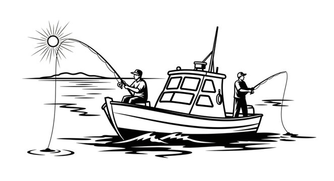 Two fishermen casting lines from a boat at sunrise.
