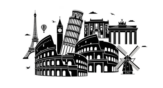 Famous European Landmarks Collage Silhouette.