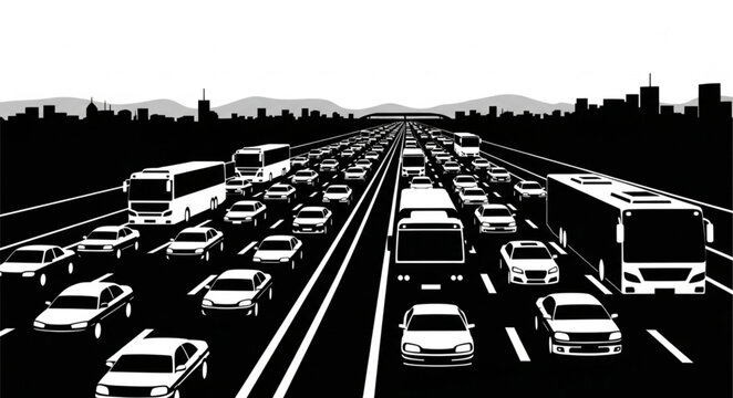 Heavy traffic jam on a multi lane highway with cars and buses.