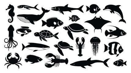 Variety of marine life silhouettes a black and white ocean ecosystem illustration © desinax