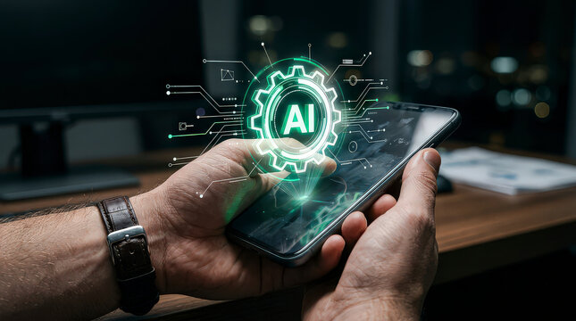 Close up of hands using smartphone with green mechanical gear artificial intelligence overlay graphic