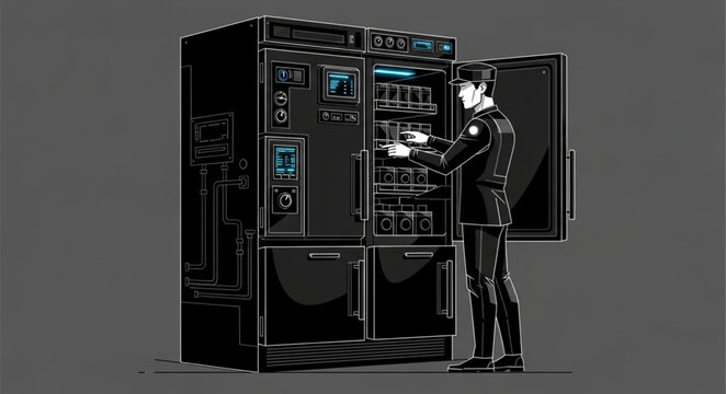 Man in Suit Using a High-Tech Vending Machine.