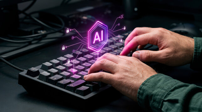 Secure artificial intelligence network coding on black mechanical keyboard with purple glow effects