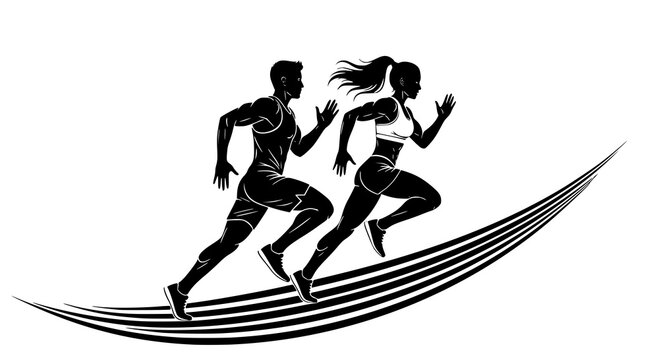 Running man and woman, isolated vector silhouettes. Run, side view. Silhouettes of athletic looking male and female runners running. Transparent background PNG version.