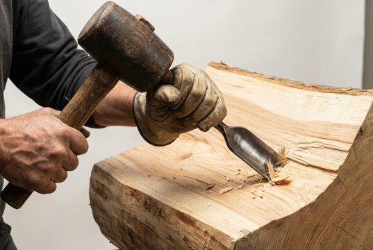 Woodworker hands using a wooden mallet and a sharp gouge chisel to carve a thick log