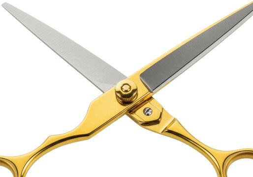 extreme close-up macro of luxurious 24k gold-plated barber shears with razor-sharp steel blades against a transparent background, showcasing precision craftsmanship concept of professional grooming
