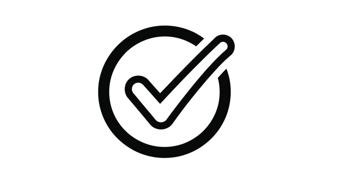 A simple black and white illustration depicts a check mark inside a circular frame