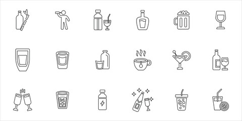 Fototapeta premium drinks icons set. drinking, beverage, milk, tea, coffe, beer, whiskey, juice, cocktail and more. simple line vector