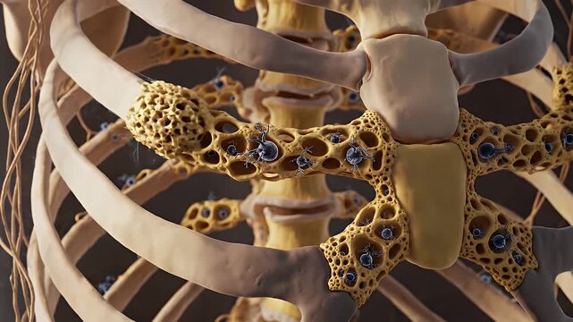 CGI Close Up Of Healthy Bone Tissue Microscopic View With Osteocytes And Spicules In Yellow And Blue Tones