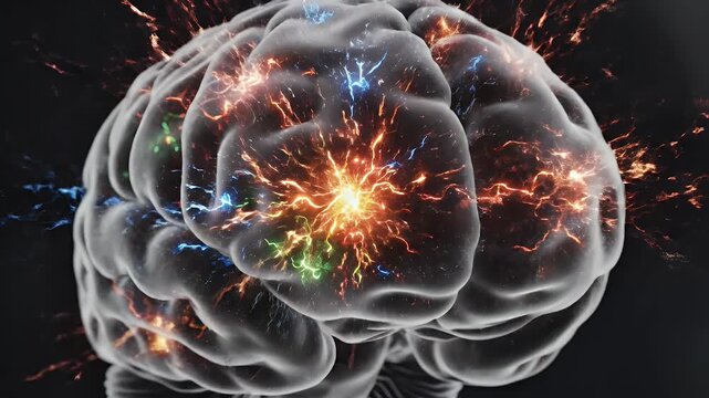 CGI of human intestines sending erratic electrical signals to brain with glowing energy bursts and neurological pathways