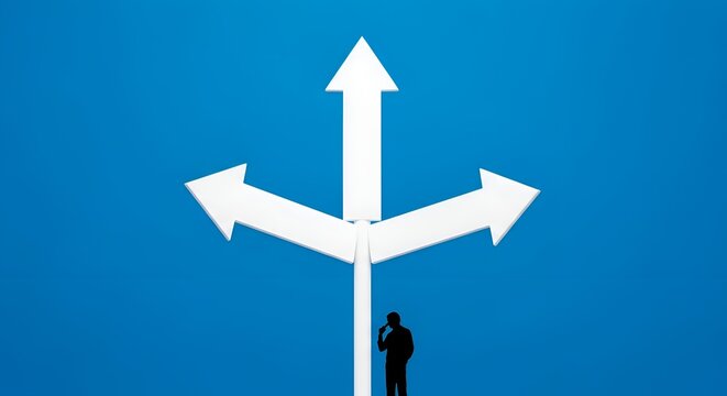 Man standing under white directional signpost with three arrows on blue background