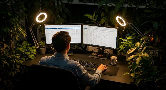 Man working on computer with dual monitors in indoor garden at night desk