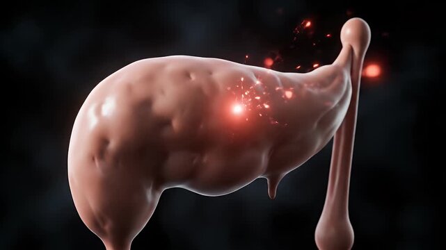 CGI Render of Human Pancreas with Glowing Red Light Effect and Dripping Substance on Dark Textured Background Medical