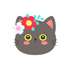 Fototapeta premium Cute kawaii gray cat face wearing colorful flower crown with red and teal flowers