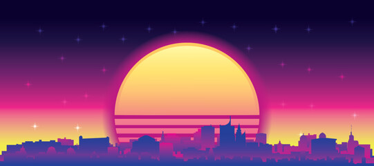 Naklejka premium Purple generic retro futuristic synthwave panoramic poster of the city skyline with misty background sunset buildings of VIENNA, AUSTRIA