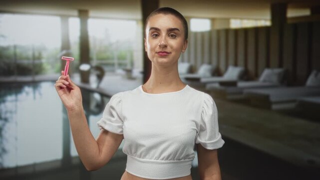 Woman with short buzz haircut holding pink razor aloft with bare forearm visible in building spa pool lounge; confidence self care.