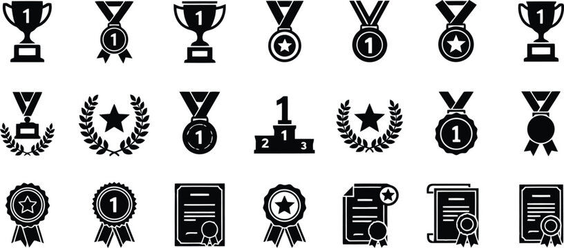 Awards icon set. gold trophies medals winner podiums and certificates for business success