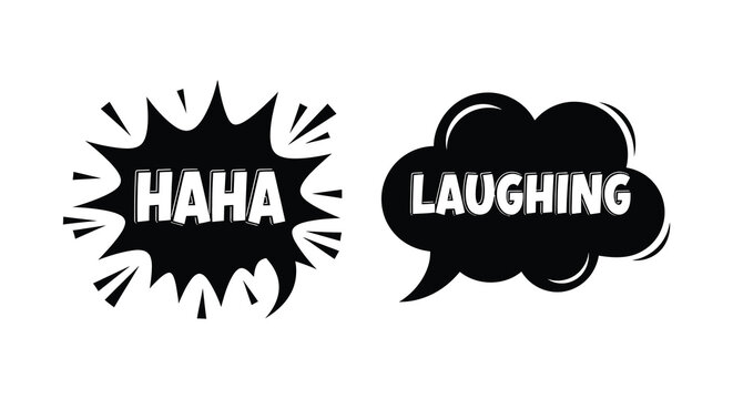 Comic speech bubbles displaying haha and laughing in black silhouette