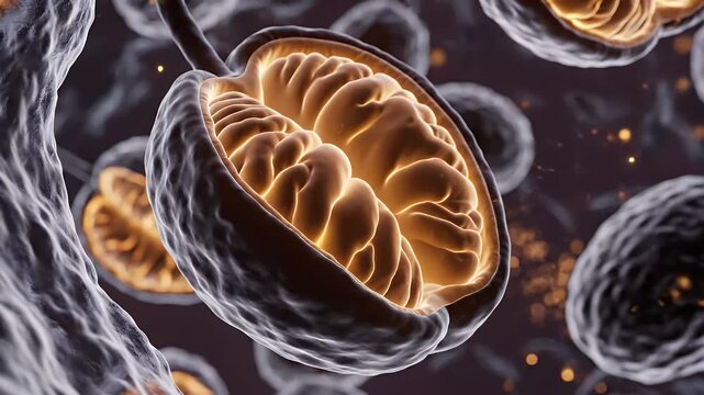 Cinematic Microscopic View of a Biological Mitochondrion Cell Powerhouse with Glowing Golden Energy Particles and Internal