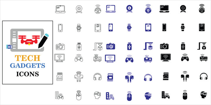 tech gadgets icons set. usb, smartwatch, laptop, tablet, smartphones, game controller, wireless mouse, webcam and more. simple complete vector