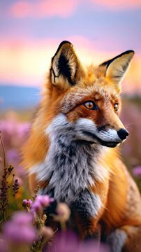 Close-up Portrait of a Red Fox in a Field of Wildflowers at Sunset.